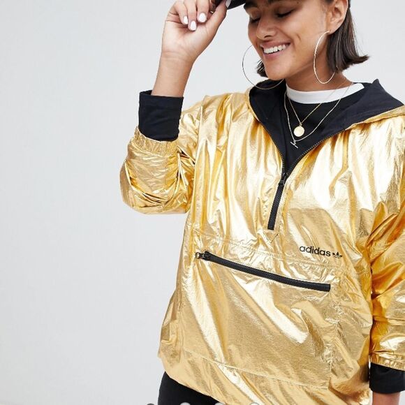 adidas - Originals Half Zip Hooded Jacket In High Shine Gold sz M - Picture 2 of 6